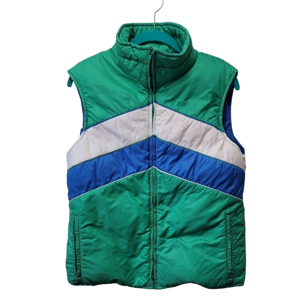 VTG Woolrich Prime North Goose Down Vest Blue Green White Diagonal - S